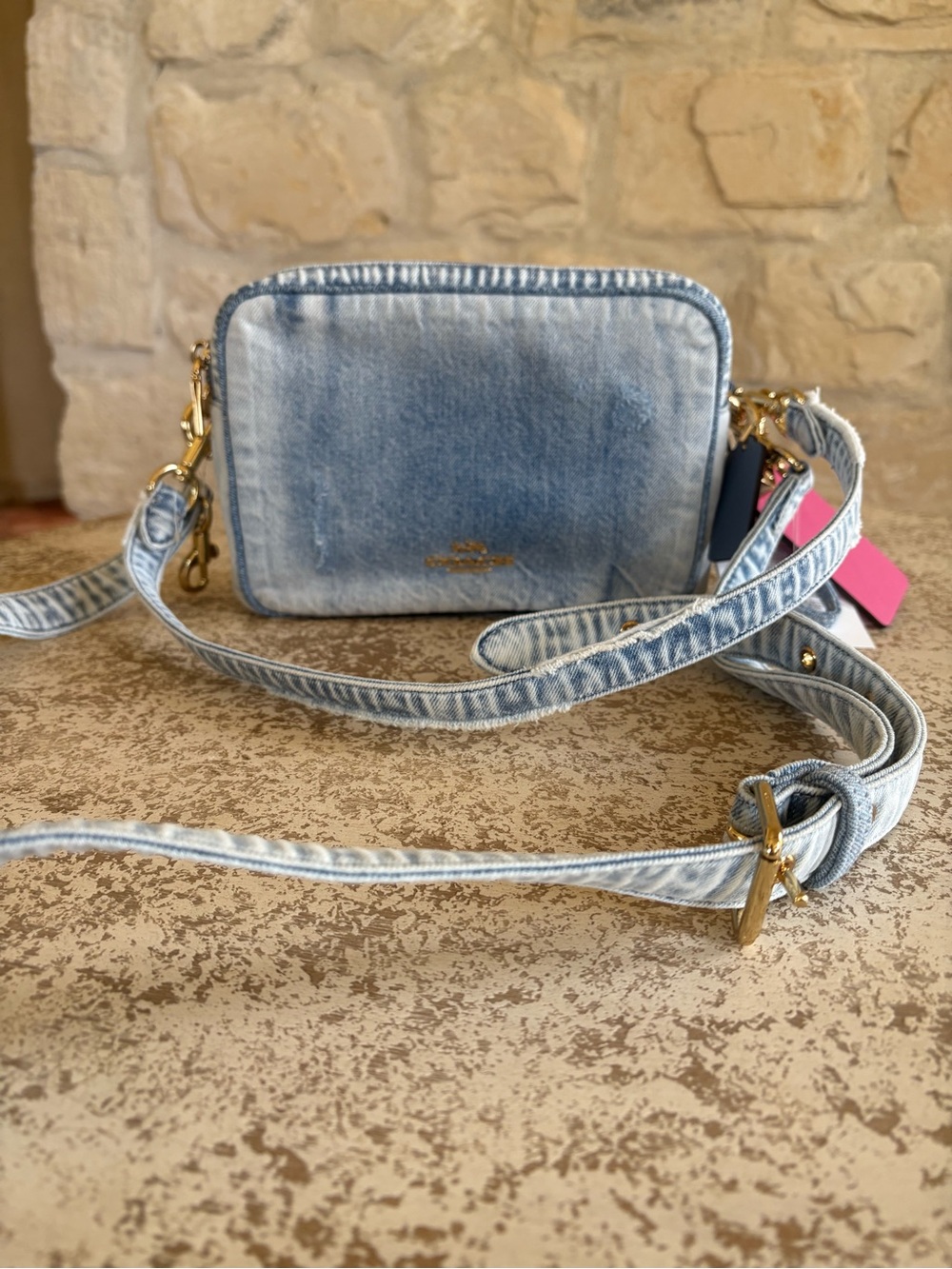 Coach Light Blue Denim Crossbody Camera Bag with Gold Hardware